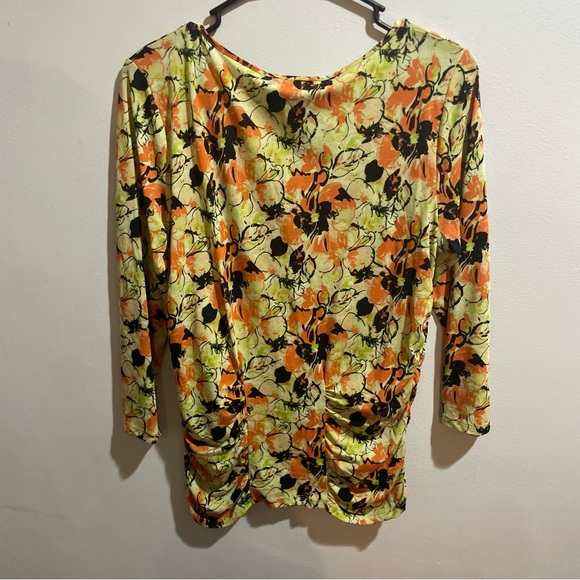 Ellen Tracy Silk Blend Blouse Women’s Medium Floral Print Yellow/Green Ruched - Picture 5 of 8
